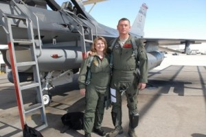 Darcie McCracken receives an F-16 orientation flight by Lieutenant Colonel Jack “Max” Maixner