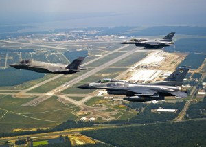 Two F-16s from Luke Air Force Base's 62nd Fighter Squadron flank an F-35 from Eglin AFB