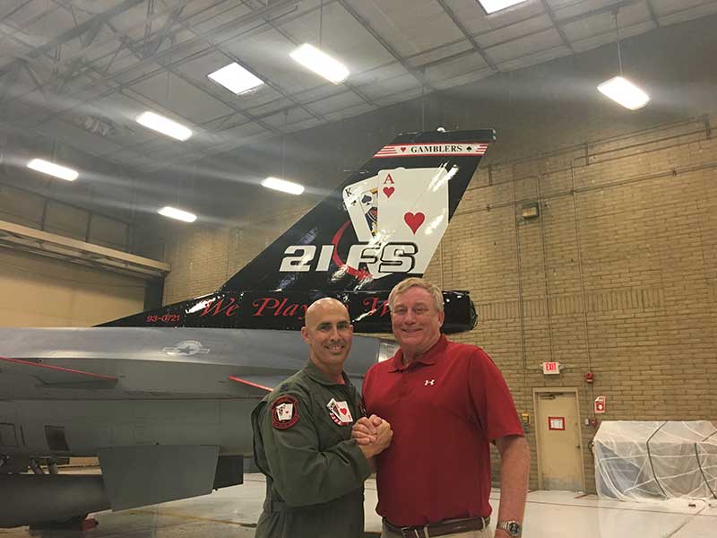 Lt. Col. James “Rusty” Mitchell (Ret- USAF) and Lt. Col. Javier “Ponch” Antuña enjoy a memorable moment together.