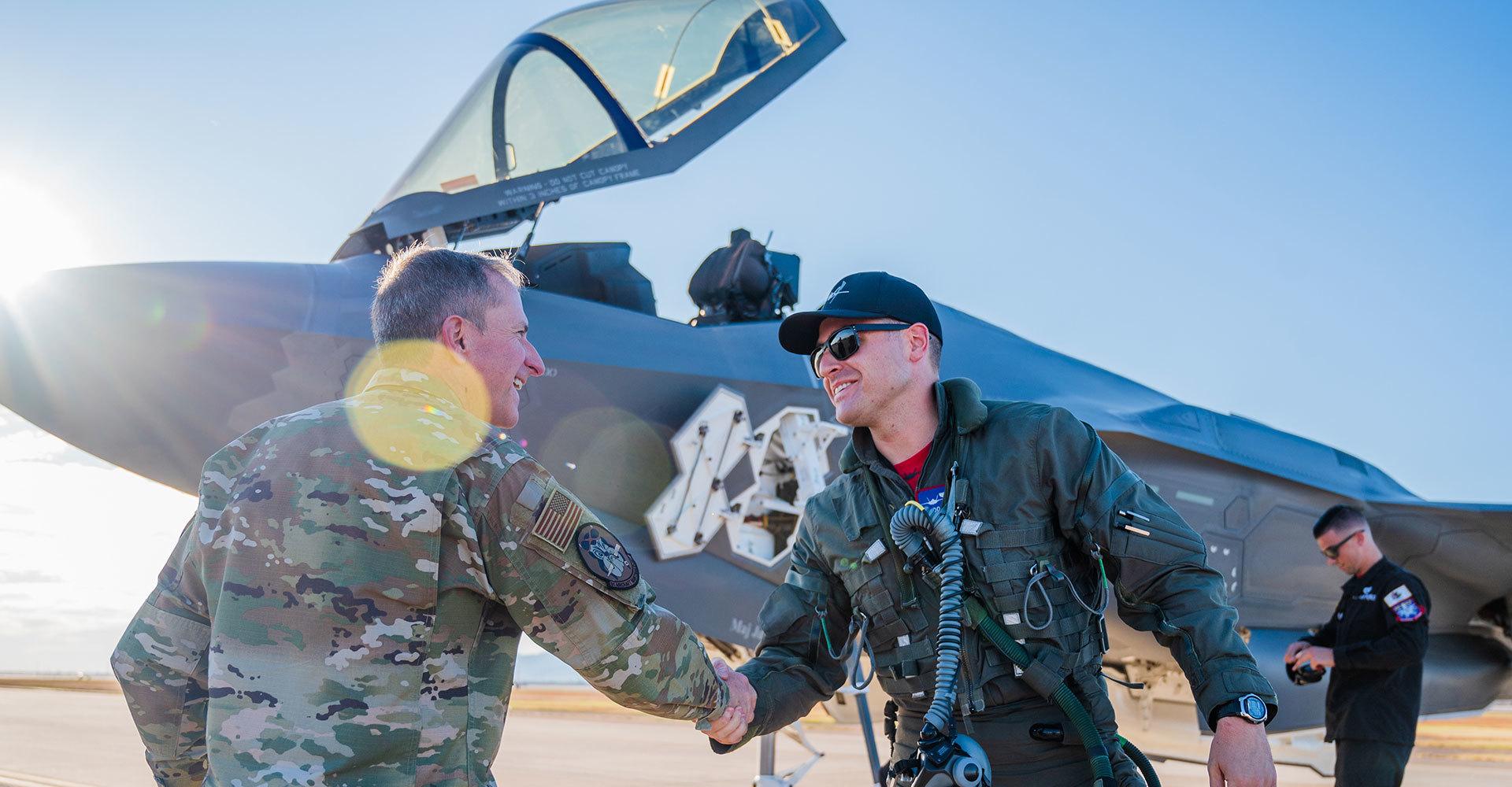 Air Force Chief of Staff Gen. David L. Goldfein meets Maj. Andrew “Dojo” Olson, F-35 Demonstration Team pilot commander