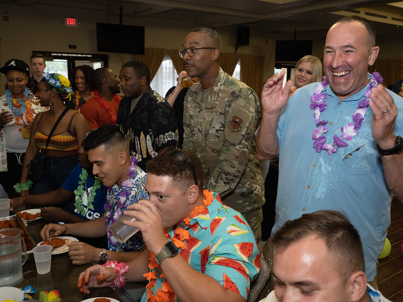 Command Chief Weimer cheers on hot wing contest at FCF summer dorm dweller party